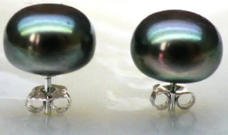 

free shipping chaming AAA 11mm peacock black bread shape south sea pearl earring white gol 925silver