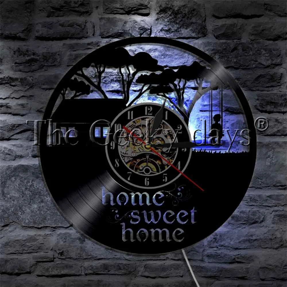 Home Sweet Home Vinyl Record Wall Clock Kid Swinging In A Tree LED Night Light Modern Wall Lamp For Housewarming Gift