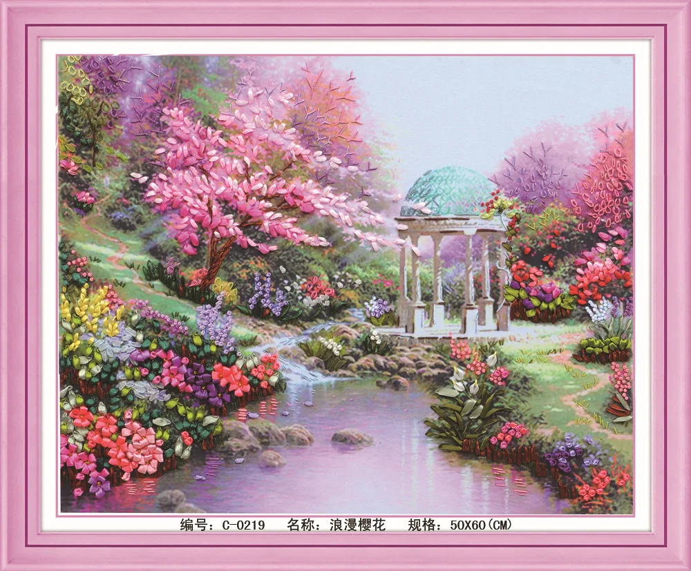 

Needlework,DIY Ribbon Cross stitch Set for Embroidery kit,romantic flower tree creek scenic ribbon Cross-Stitch Paint wall decor