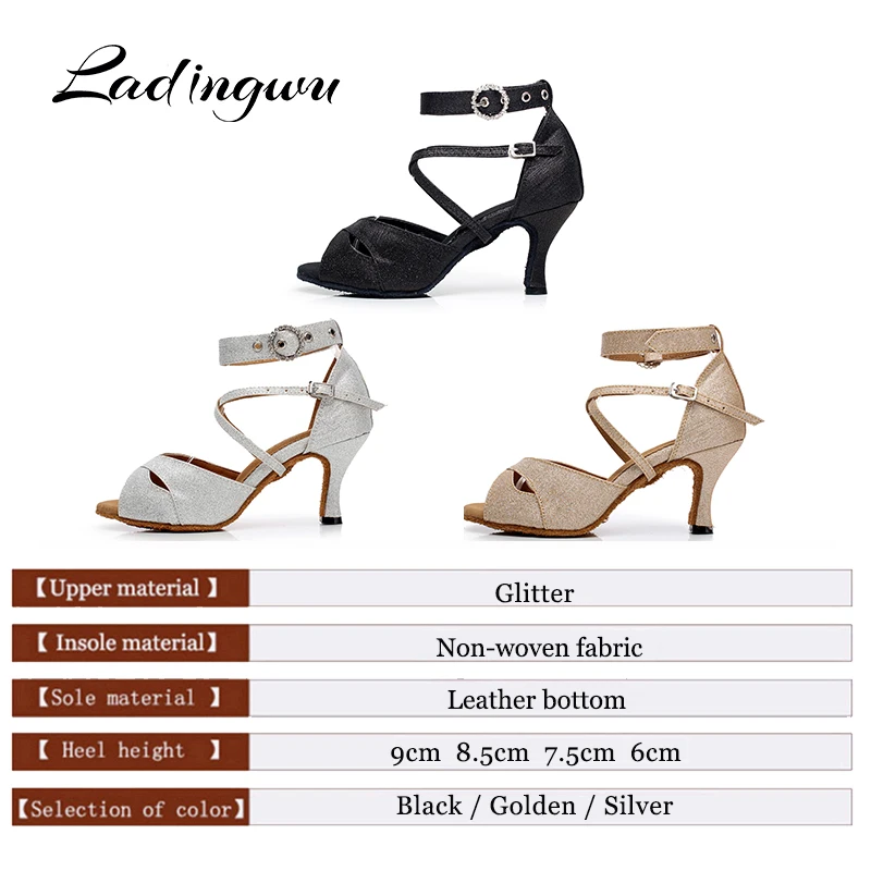 Ladingwu Latin Dance Shoes Glitter Rhinestone Buckle Salsa Party Ballroom Dance Shoes Soft Bottom Wedding shoes High Heels 9cm