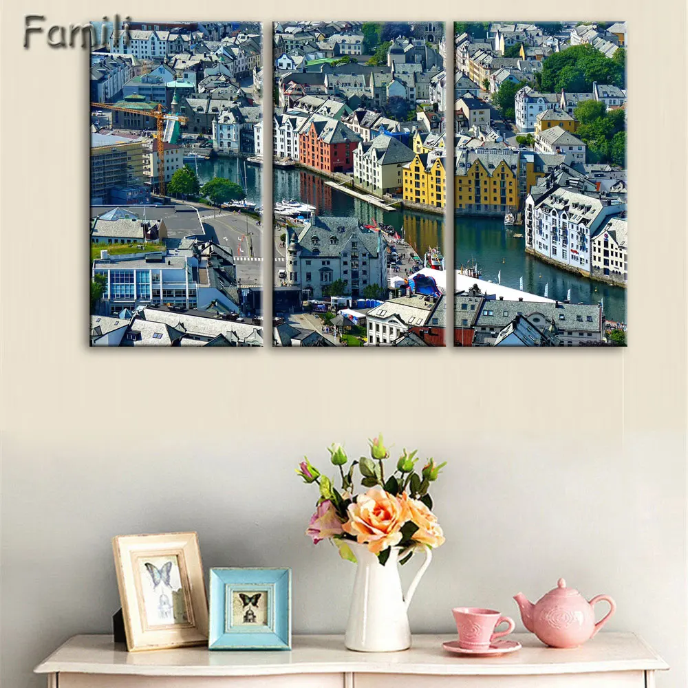 3piece canvas art Building Norway fjord harbor mountains buildings panorama Home Decor Canvas Poster Print,decorative pictures