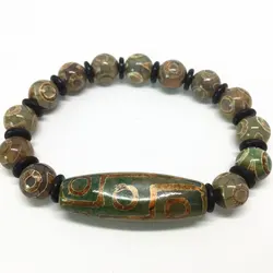 Green Natural Agate 9 eyes Pattern Tibetan Dzi Beads elastic Bracelet with Coconut Shell for women free shipping