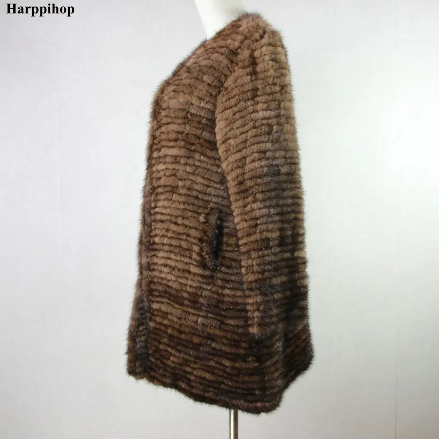 Echte gestrickte Nerzpelzjacke für Frauen, Top-Mode, natürlicher Streifen, Nerzpelzmantel, 2019, neuer langer, schlanker, echter Pelzmantel, Größe