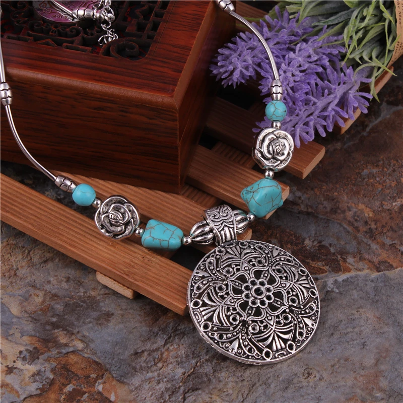 Bohemian Carved Tibetan Silver Color Stone Vintage Necklaces & Pendants Chain Jewelry Bijouterie For Women Girl\'s