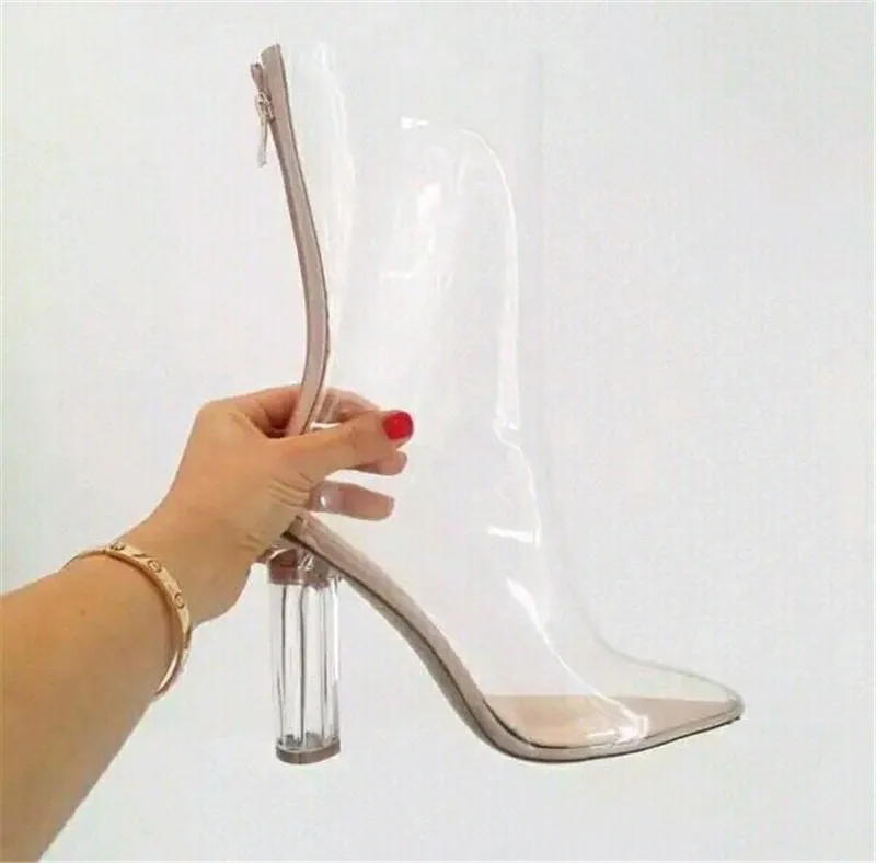 Sexy Clear Boots Pointed Toe Ankle Boots Women PVC Thick High Heel Shoes Woman Transparent Real Leather Short Boot Large Size 46