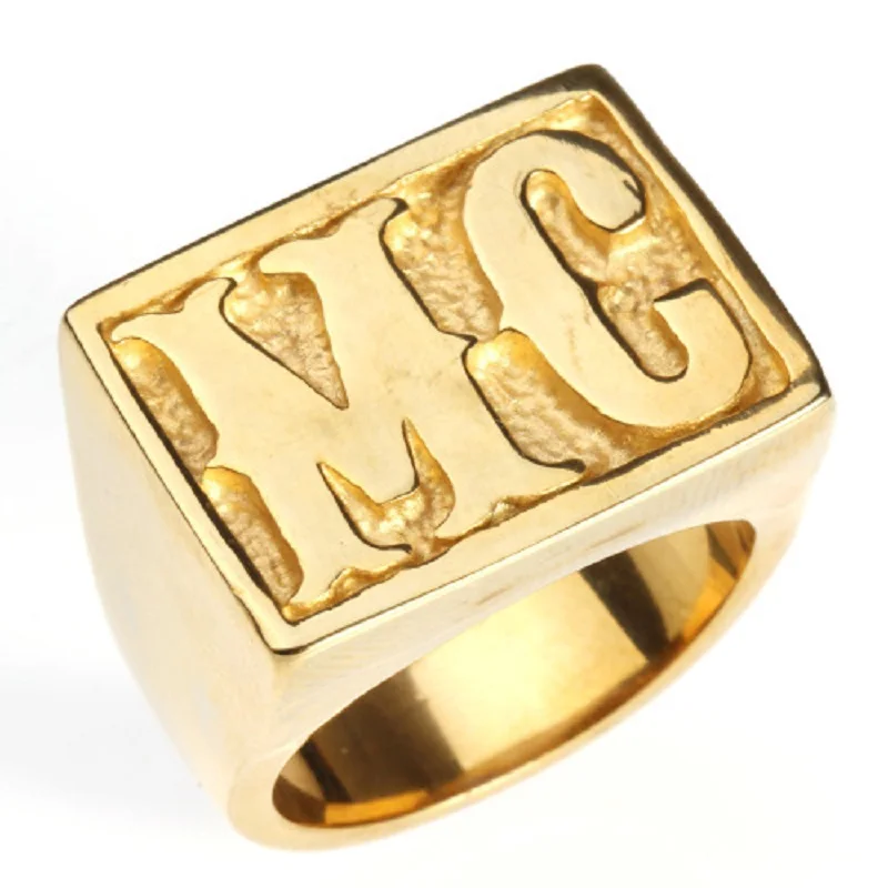 Punk Golden Tone Carved Letter MC Signet Rock N Roll Mens Boys 316L Stainless Steel Ring