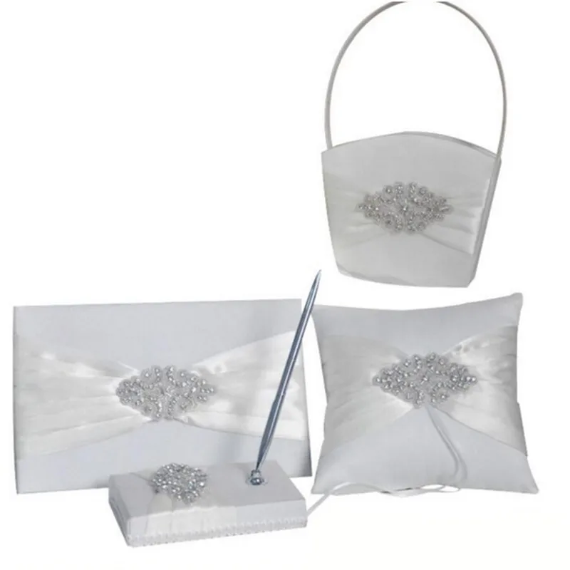 

4pcs/set(Guest book+Flower Basket+Pen Holder+Ring Pillow) Handmade Satin Ribbon Crystal Decor Western Wedding Supplies