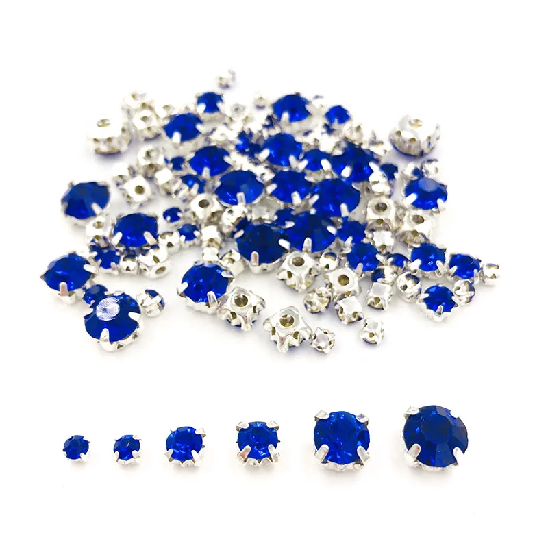 Hot sale strass 100pcs/pack Mixed size Royal blue glass crystal sliver base sew on rhinestones diy clothing accessories