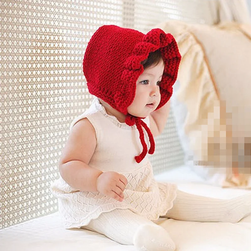 New Chic Baby Girl Winter Hat Knitted Crochet Ruffles Toddler Kids Warm Hats Earflaps Girls Flower Hat Red, White, Gray