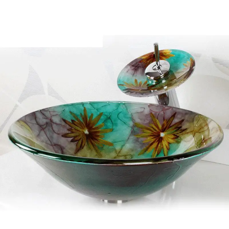 

Tempered LUXURY Glass basin sink bowl with MATCHING glass WATERFALL Tap Bathroom glass vessel sink with flower pattern 45CM