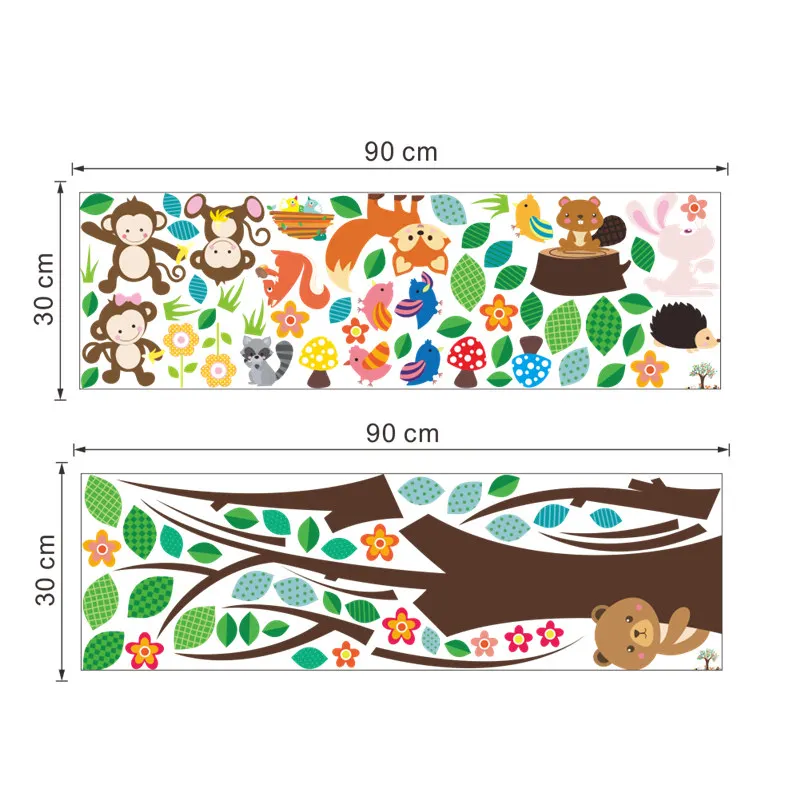 Cartoon Animals Floral Tree Wall Sticker For Kindergarten Kids Room Home Decoration Rabbit Fox Monkey Safari Mural Art Decals