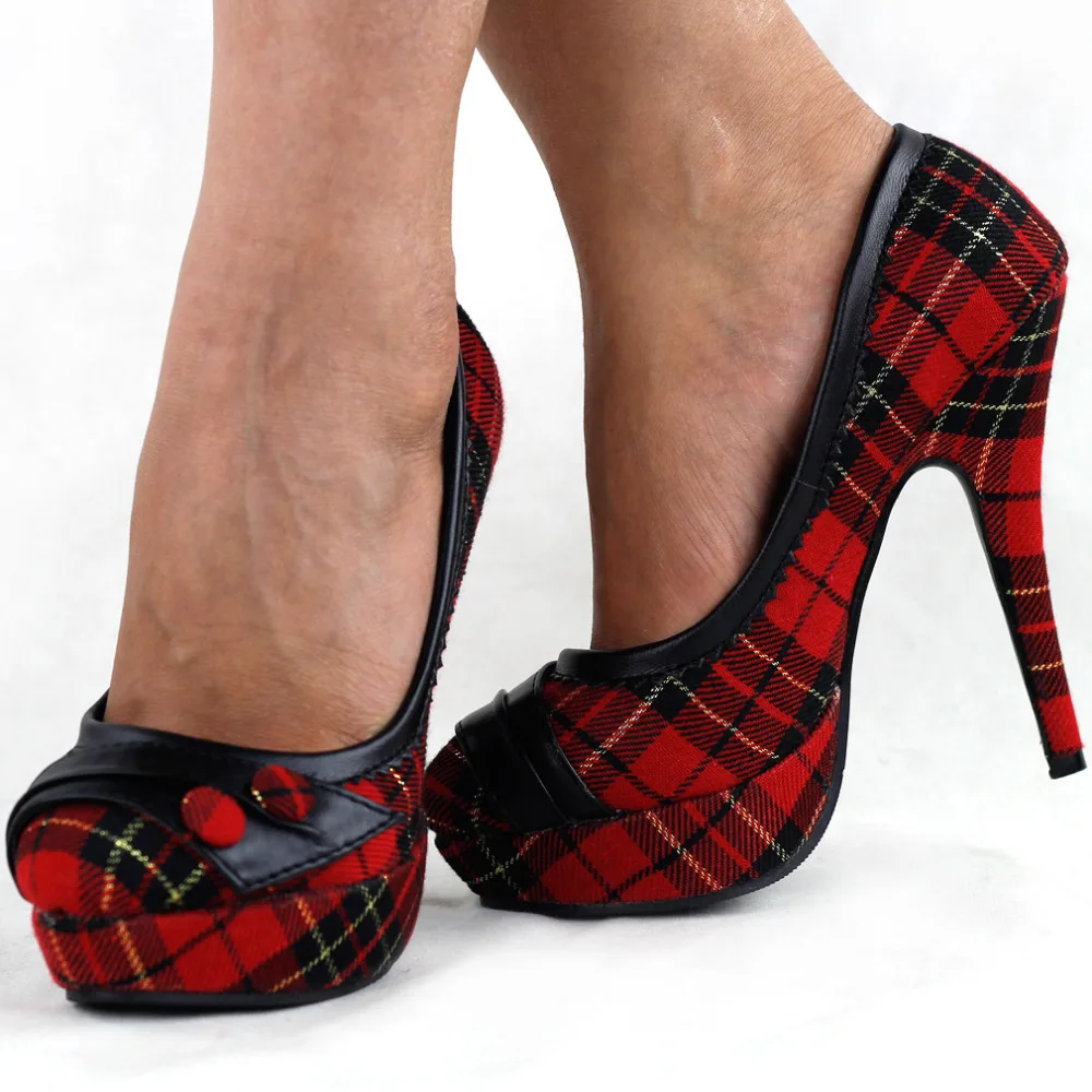 LF30441 Hot Pink/Red Checkered Buttons Platform Stiletto Party Pumps