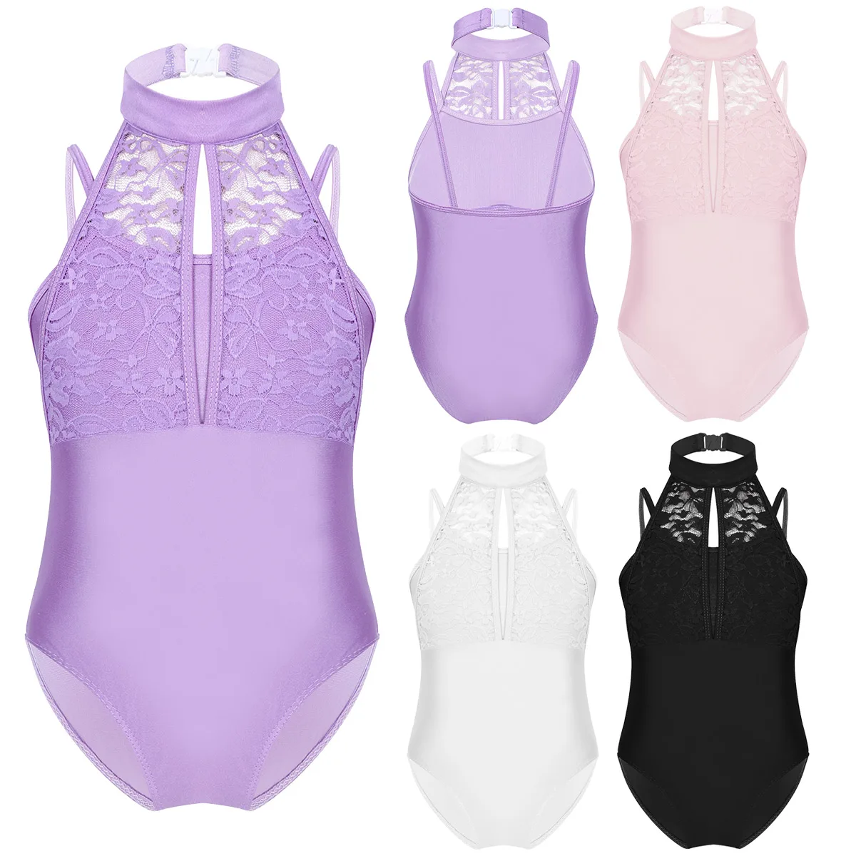 Little Kids Girls Spaghetti Shoulder Straps Turtle Neck Lace Overlay Bodice Ballet Dance Gymnastics Leotard Jumpsuit Romper