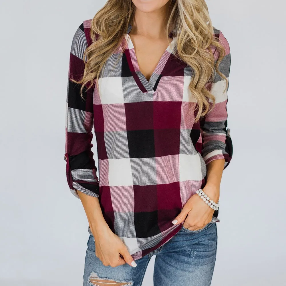 Fashion Women Roll Up Long Sleeve Sexy V-neck Tee Top Plaid Blouse Shirt Loose Casual Daily Female Blouses Tops Blusas Pullover