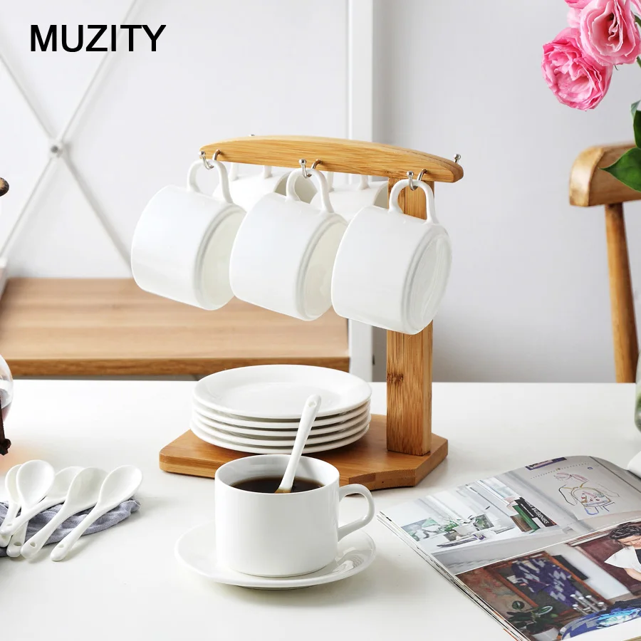 MUZITY Ceramic Tea Cups ans Saucers White Coffee Cup Set with Bamboo Cup Holder Simple Design Cup and Saucer Drinkware