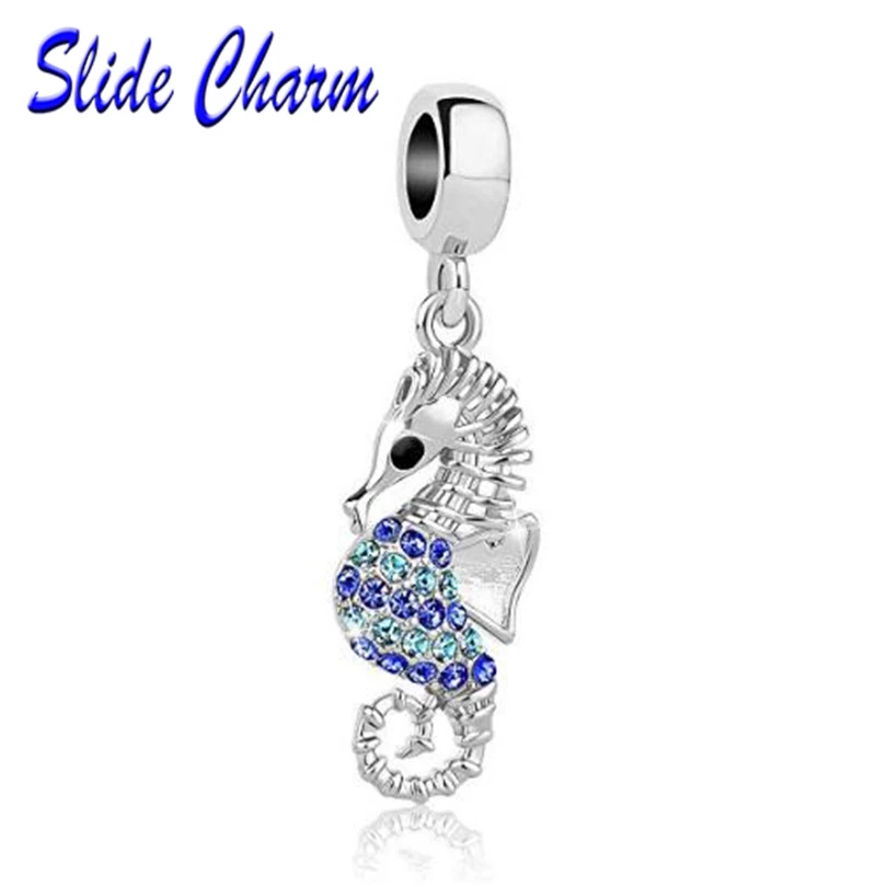 2025 Silver Plated Cute Blue Crystal Seahorse Pendant Charm Beads Fit Pandora Women Diy Bracelets Bangles Jewelry