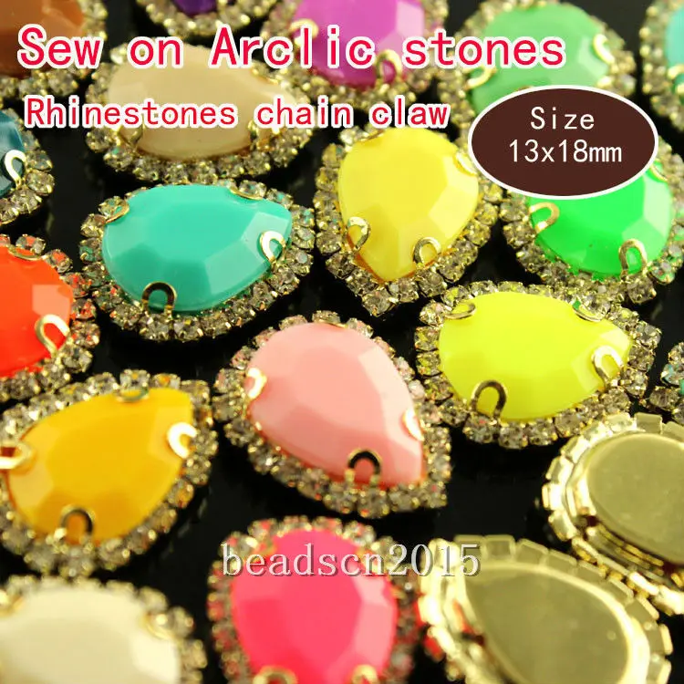 9pcs  13x18mm  teardrop solid candy colorful acrylic sew on stones with rhinestones chain setting flat Back acrylic rhinestones