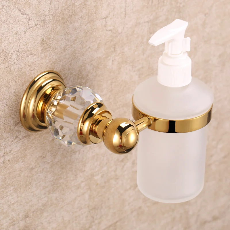 Luxury Crystal solid brass Wall Mounted Liquid Soap Dispenser With Gold Finish+Frosted Glass Container/bottle Bathroom products