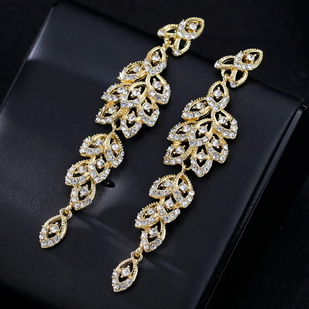 TREAZY Gold/Silver Color Crystal Long Earrings Elegant Hanging Leaves Bridal Drop Dangle Earrings for Women Prom Wedding Jewelry