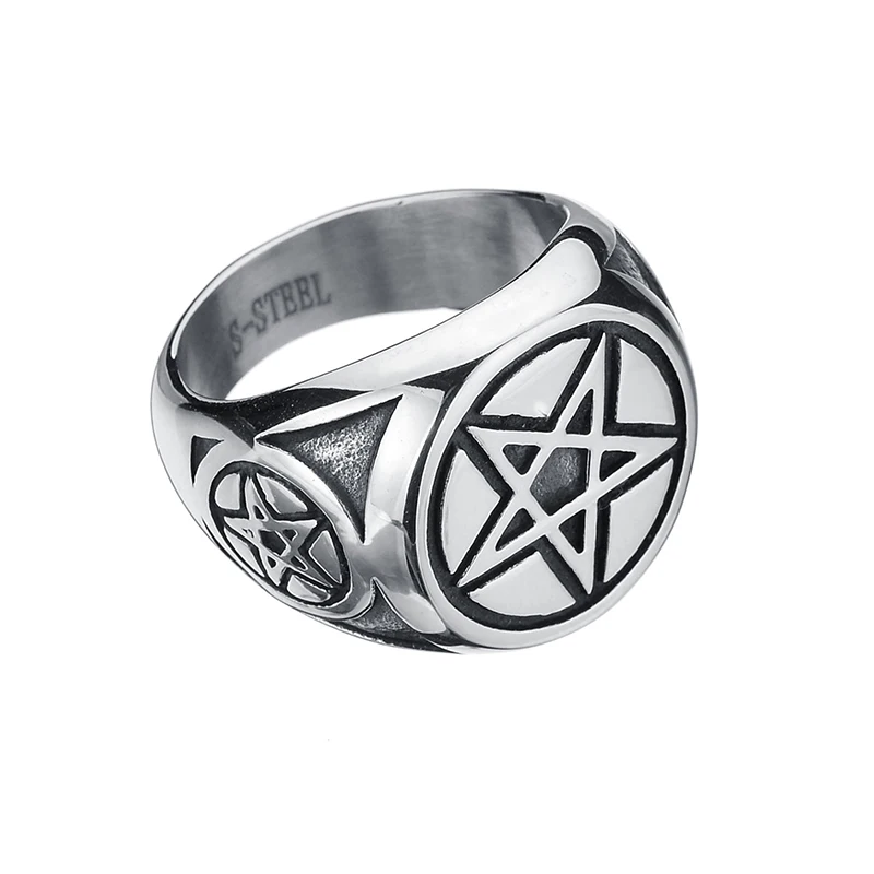 Pentagram Star Circle Mens Black Silver Color 316L Stainless Steel Ring Wholesale Jewelry