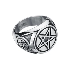 Pentagram Star Circle Mens Black Silver Color 316L Stainless Steel Ring Wholesale Jewelry