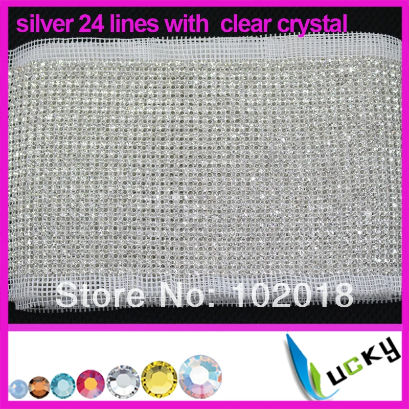 

Factory price high quality silver 24 rows with clear crystal rhinestone trimming mesh for sewing wedding dress