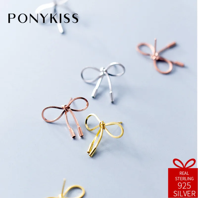 PONYKISS Romantic 100% 925 Sterling Silver New Chic Bow Stud Earrings Women Dance Party Delicate Cute Accessories Creative Gift