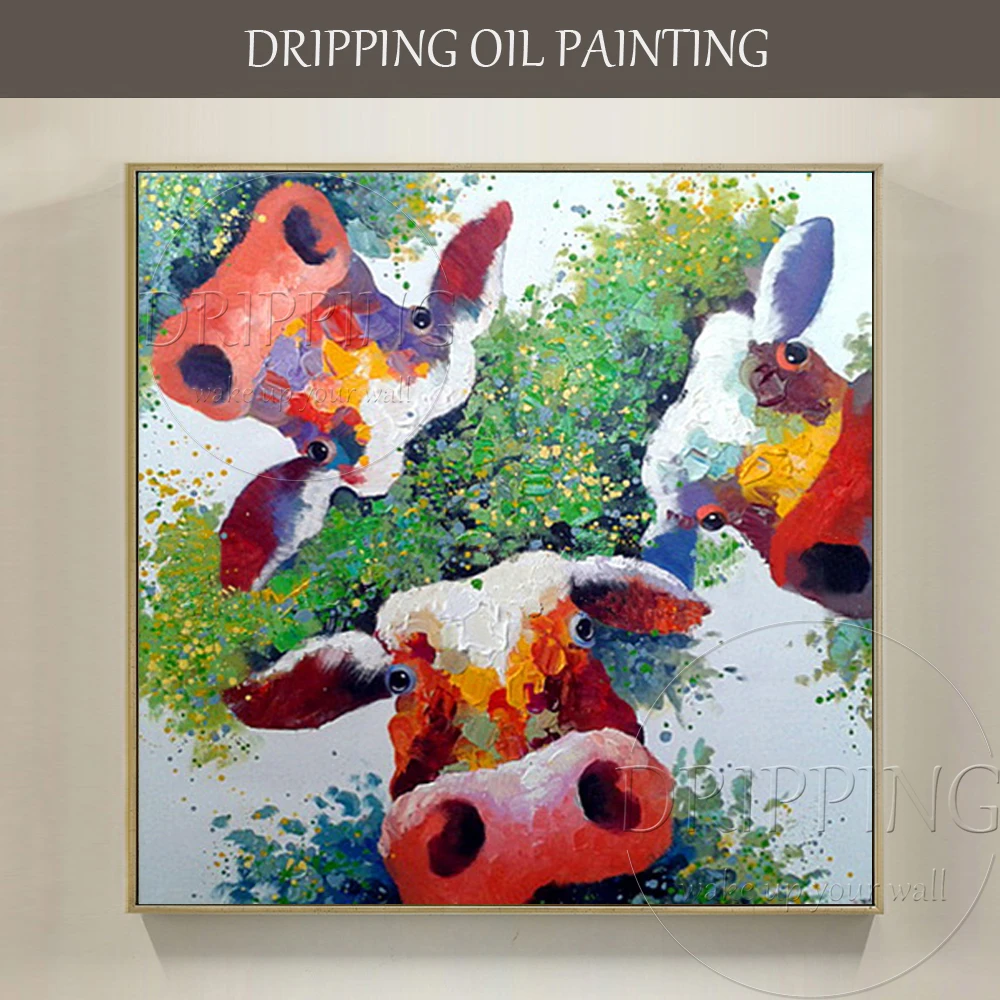 Artist Hand-painted Unframed High Quality Funny Cow Oil Painting on Canvas Lovely 3 Cows Animal Oil Painting for Living Room