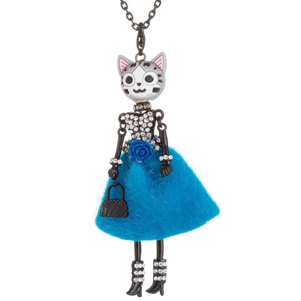 Lovely Flower Dress Cat Head Doll Pendant Necklace Rhinestone Princess Doll Long Chain Choker Necklace For Women Fashion Jewelry