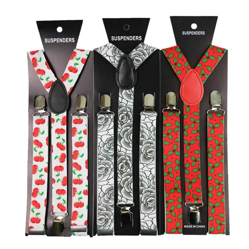 Fashion2.5cm Wide  Floral Print Suspenders  Men Womens  Suspenders Adjustable Clips On Y-Back Braces Elastic 3 Clip Suspenders