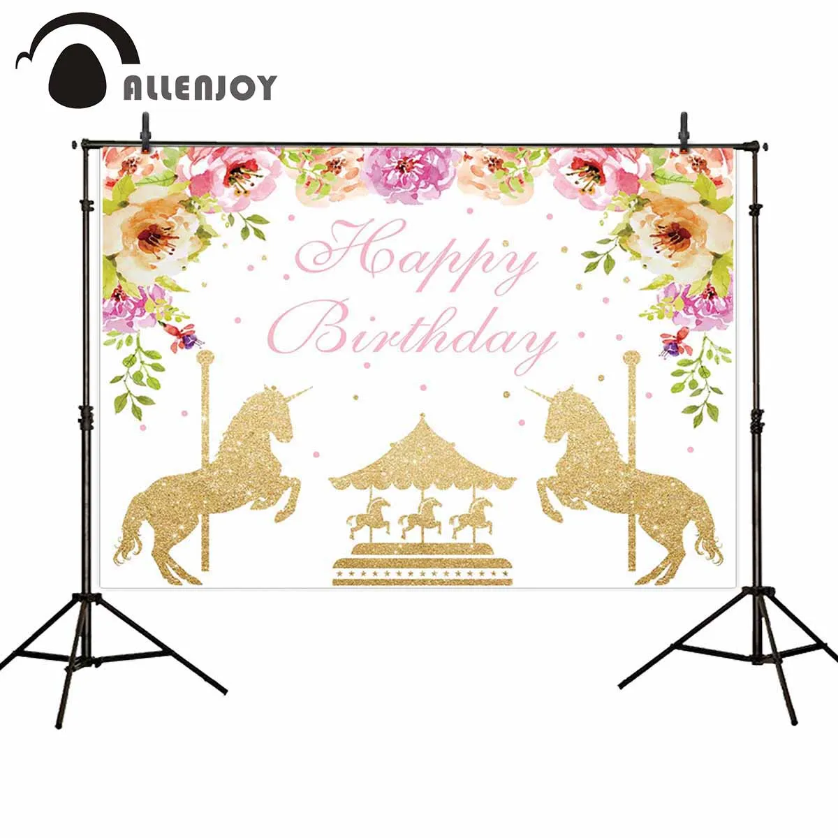 Allenjoy background for photo studio gold carousel birthday party floral photography backdrop personalized photobooth fabric