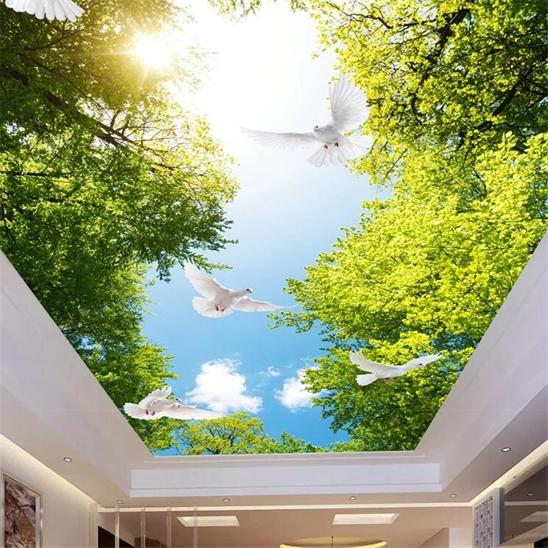 Beibehang carta da parati Personalizzata 3d Foto murale cielo Blu e nuvole bianche soffitto carta da parati creativa casa di paesaggio verde 3d