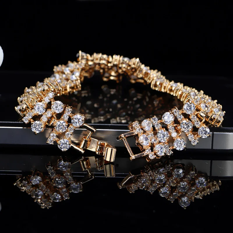 CWWZircons Brand African Nigerian Yellow Gold Plated Wedding Jewelry White and Black Big Cubic Zirconia Bracelet for Women CB191