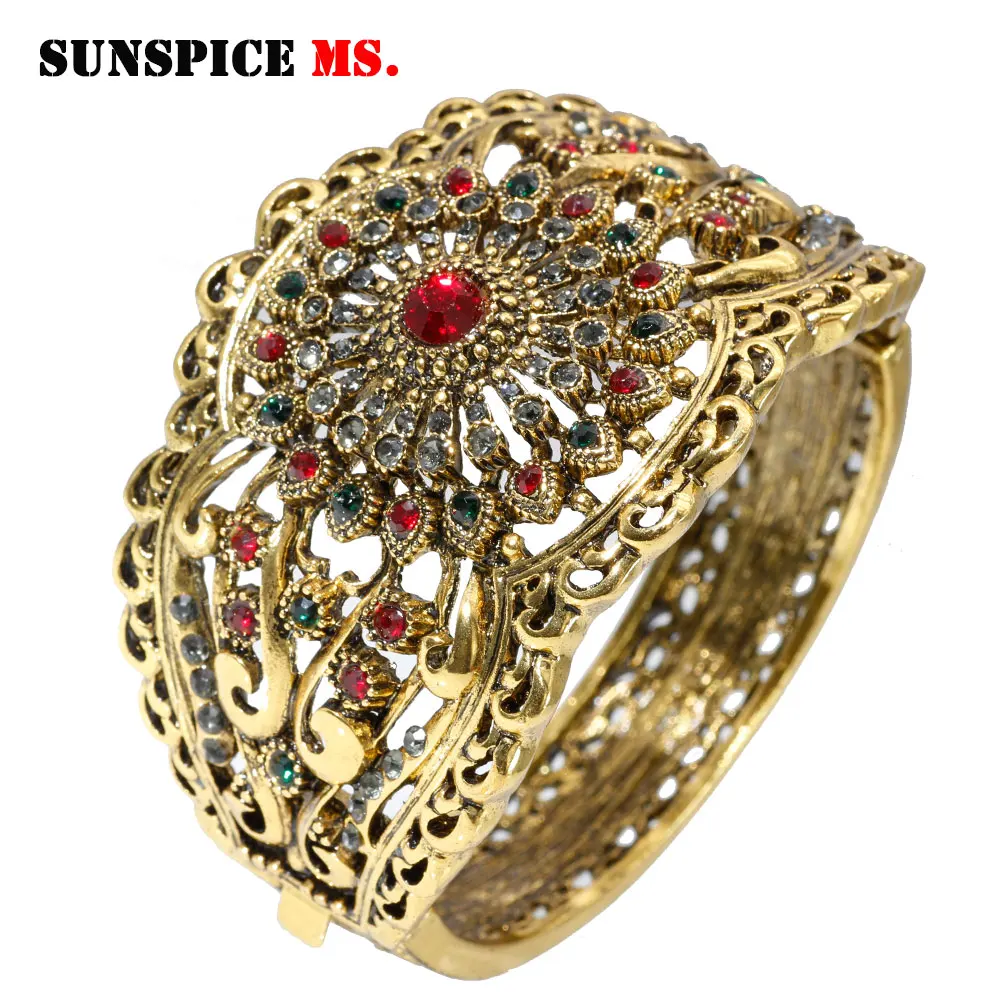 Sunspicems Antique Bronze Algeria Morocco Women Bangle Rhinestone Flower Cuff Bracelet Ethnic Arab Wedding Jewelry Family Gift