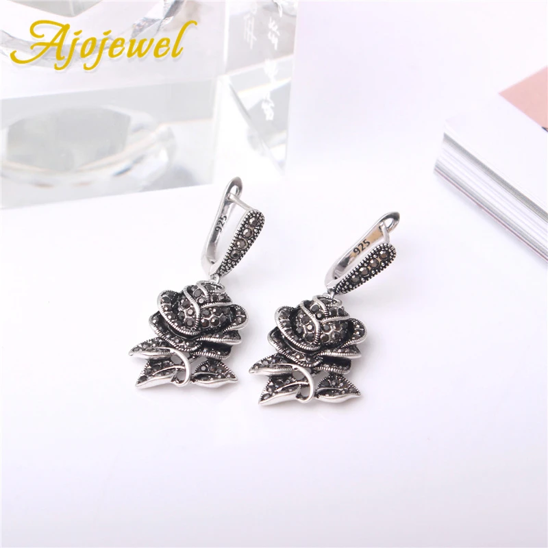 Ajojewel Vintage Rose Flower Earrings For Women Black Crystal Jewelry