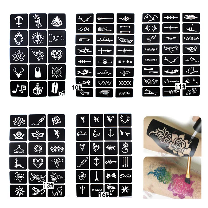 Plantillas de tatuaje de aerógrafo con purpurina para pintar, plantillas de tatuaje de Henna para dibujo de mujeres y niños, 5 hojas por lote, 105