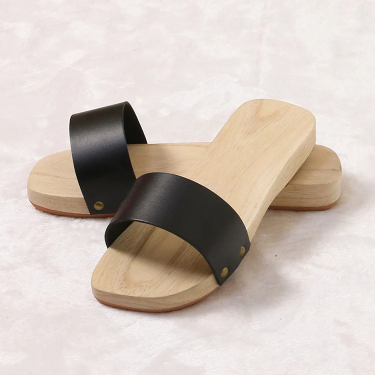 Wooden Sandles Leather Geta For Women and Man Flat Heel Japan Geta Solid Color Summer Flip Flops/Slippers Cosplay Shoe Plus Size