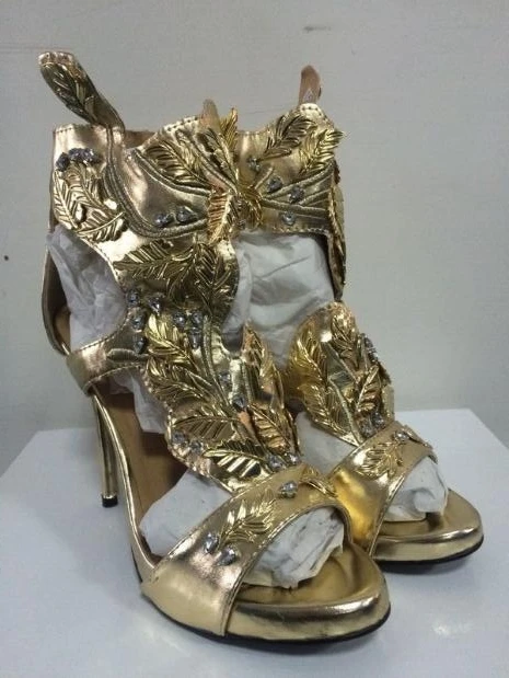 Luxury women high heel sandals cutouts Summer footwear leaf decoration low platform gold runway party shoes bling bling sandals