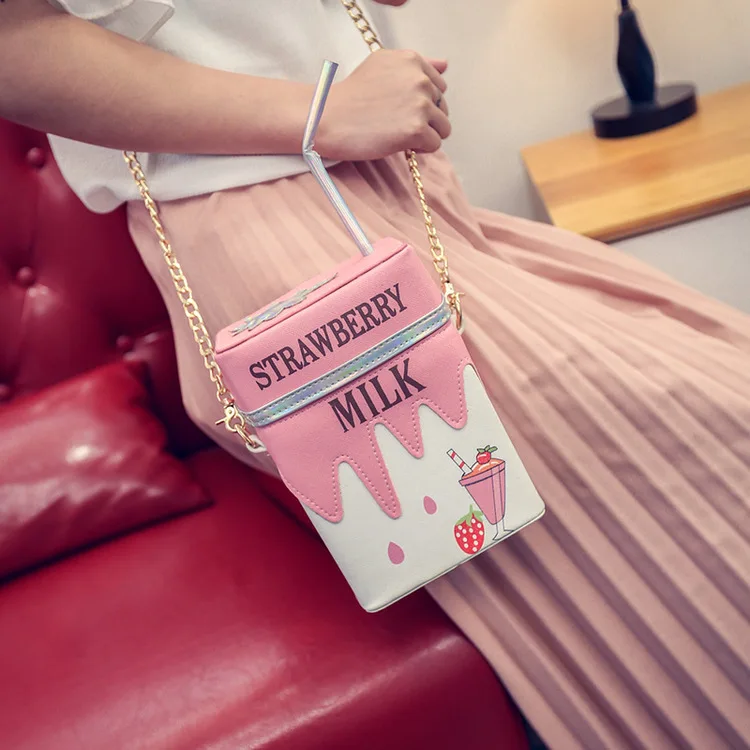 Personality Milk Box Shape Shoulder Bag Strawberry /Lemon printed drink bottle shape bag with straw femle mobile phone bags