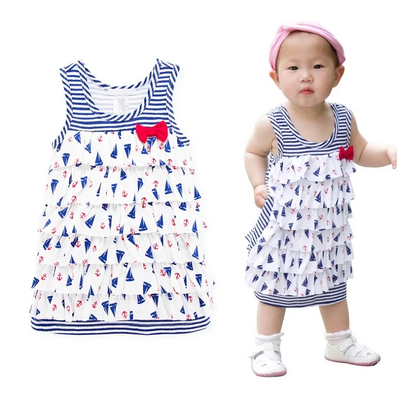 New Arrival Baby Girl Summer Dress Blue Stripe Multi-layers Cake Dress Infant Toddler Birthday Party Dress KF019