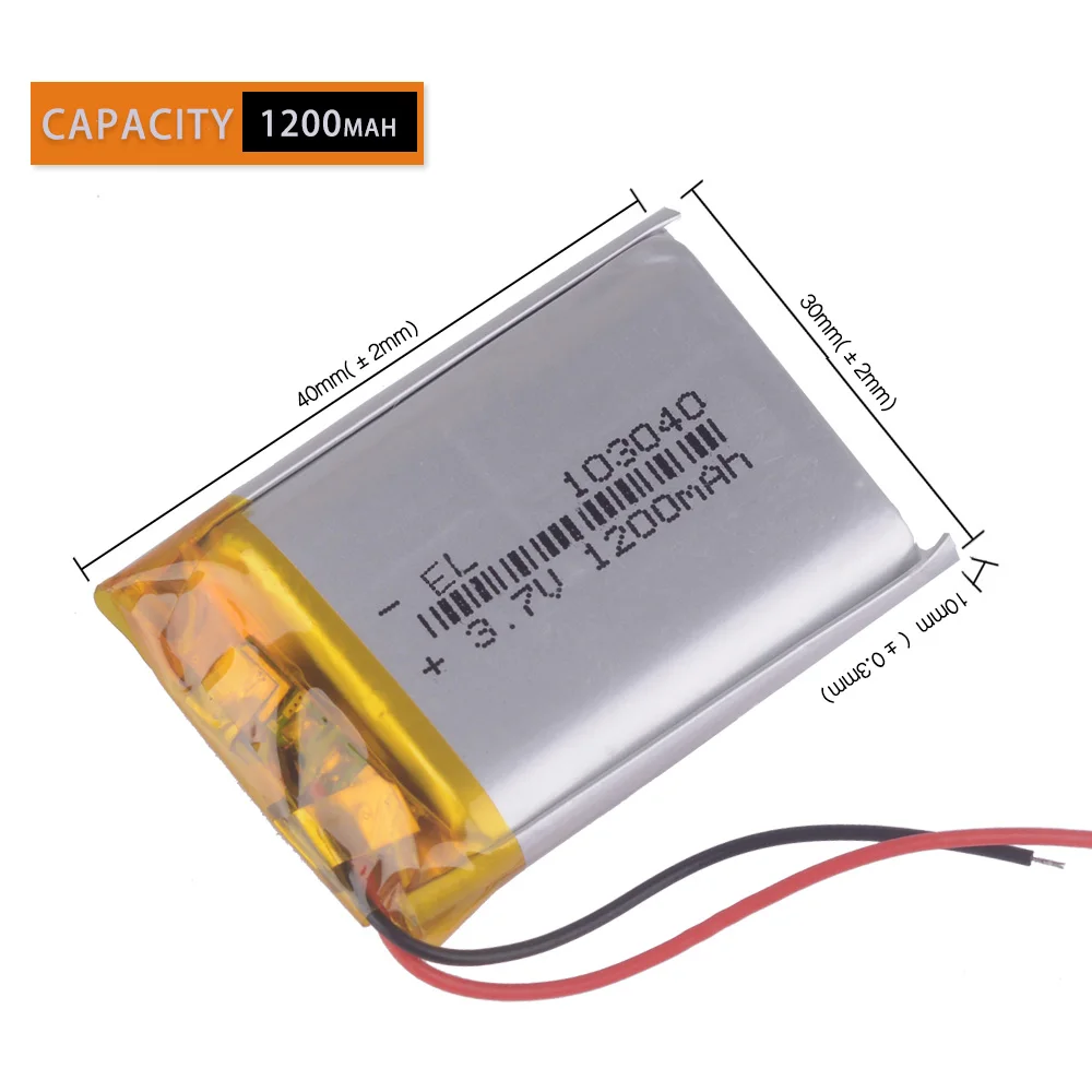 3.7V 1200mAh 103040 Rechargeable Polymer Lithium Ion Li-ion Battery for MP3 Player navigator Speaker Power bank DVD GPS VR DVR