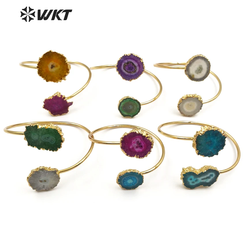 

WT-B439 WKT Top quality Stalactite quartz bangle colorful double round stone with gold color eletroplated adjustable bangle