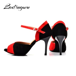 Ladingwu New Flannel Latin Dance Shoes Classic Red and Black With Ballroom Dancing Shoes Salsa Dance Shoes High Quality Heel