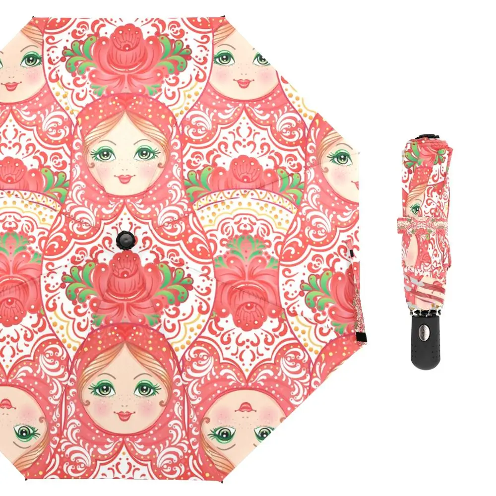 Russian Nesting Dolls Portable Umbrella Rain Women Wind Resistant Three Folding Automatic Umbrella Parasol Parapluie 8 Ribs