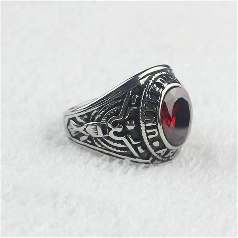 Red CZ Crystal Men\'s Stainless Steel United States Military Army Ring