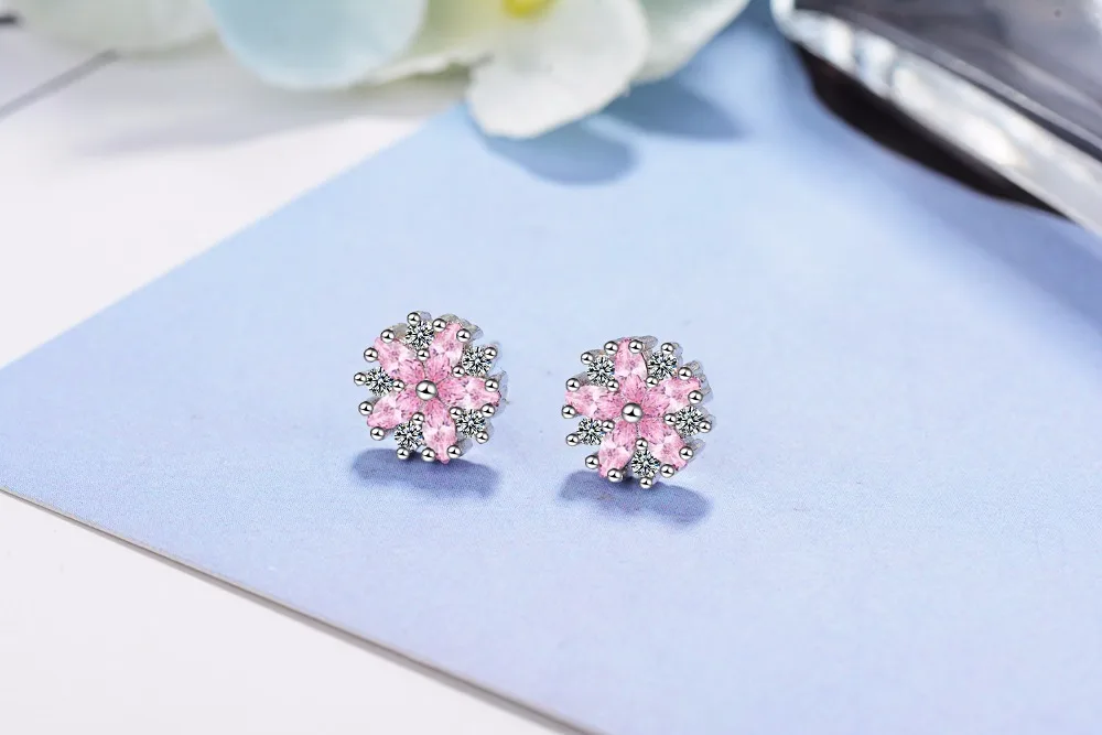 925 silver needle Pink Crystal Zirconia Cherry Blossom Flower Stud Earrings For Women Girl Brincos S-e242