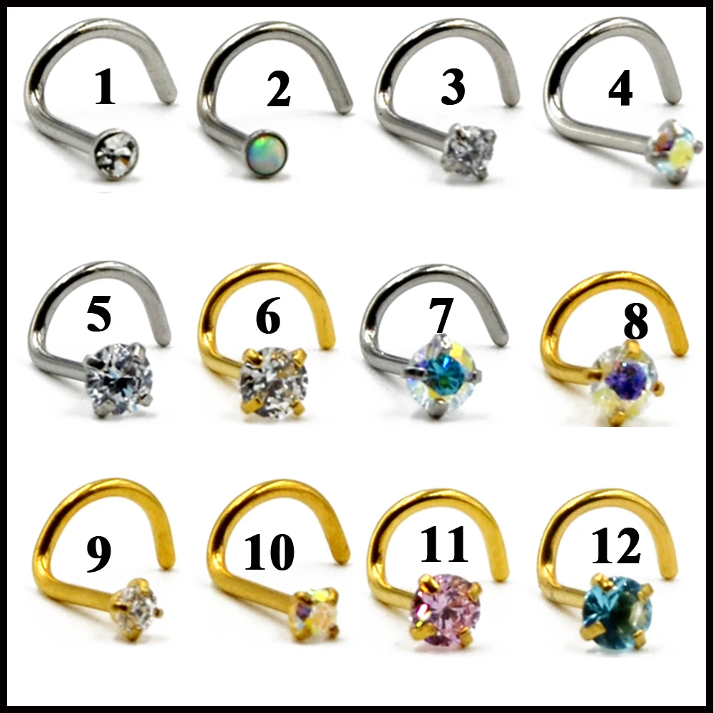 1PC 20G Steel Nose Rings CZ Gem Opal Piercing Nose Screw Curved Prong Nose Stud Rings Nariz Earrings Nostril Piercing Jewelry