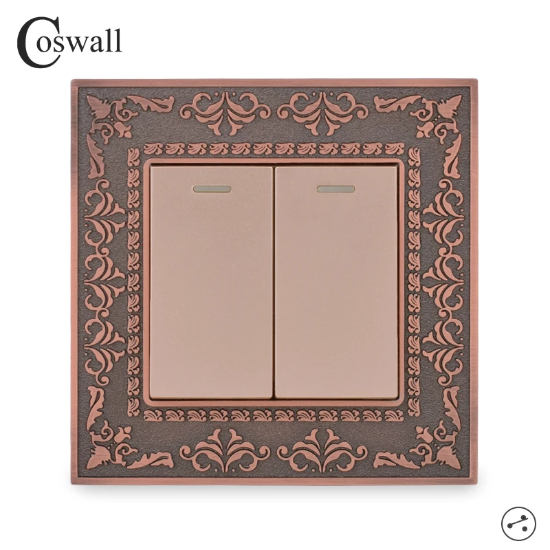 Coswall Red Bronze Retro Zinc Alloy Panel Gold / Black 2 Gang 2 Way Pass Through On / Off Rocker Wall Light Switch Switched