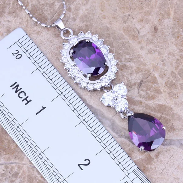 Purple Cubic Zirconia White CZ Silver Plated Jewelry Sets Earrings Pendant Ring Size 6 / 7 / 8 / 9 / 10 S0046