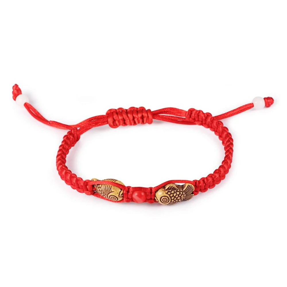 Feng Shui Red String Double Fish Lucky Wooden Twin Charm Bracelet Red Thread For Good Luck Wealth Handmade Chinese Jewelry